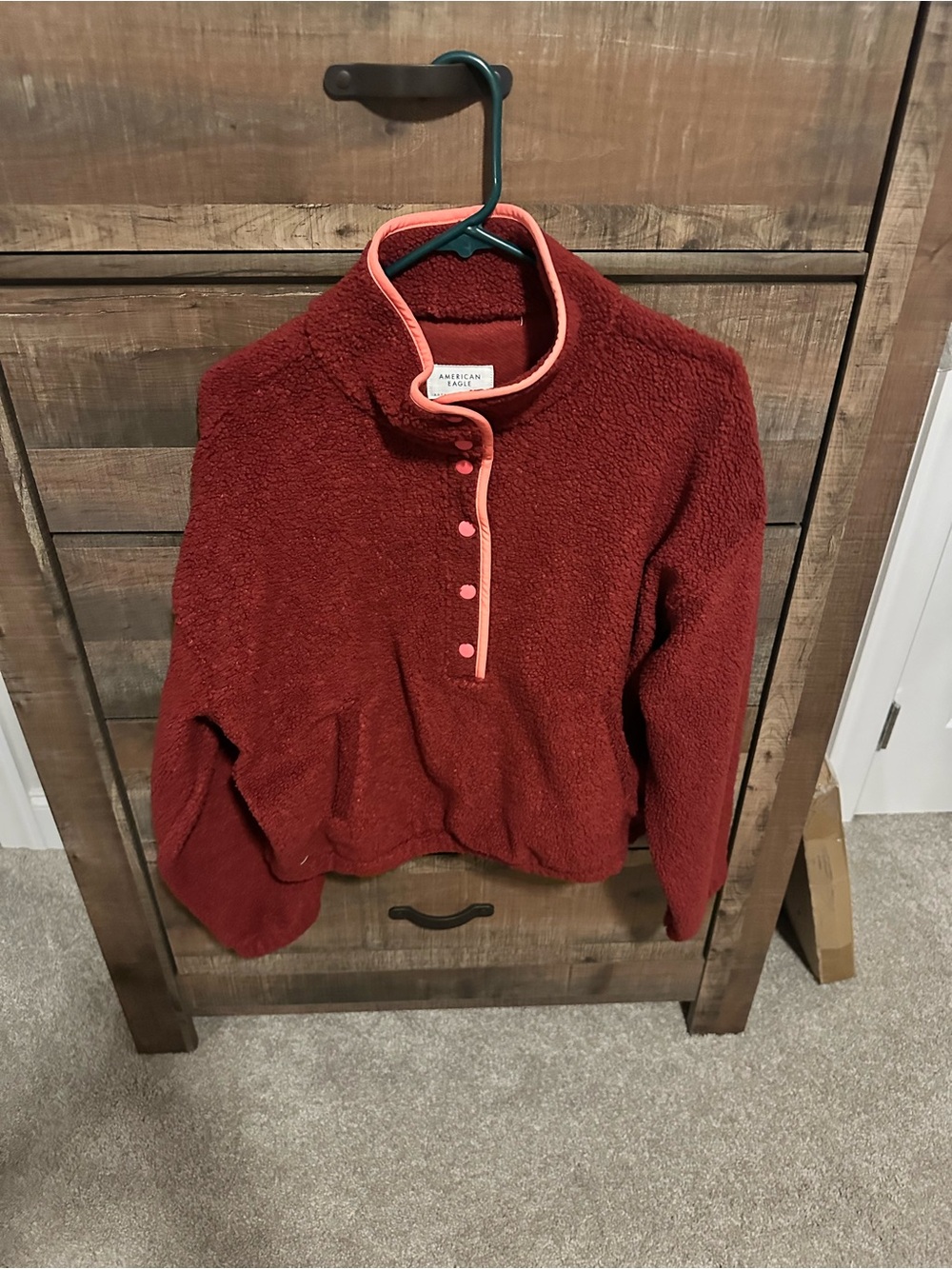 American Eagle Outfitters Women's Deep Red Sherpa Pullover with Coral Trim